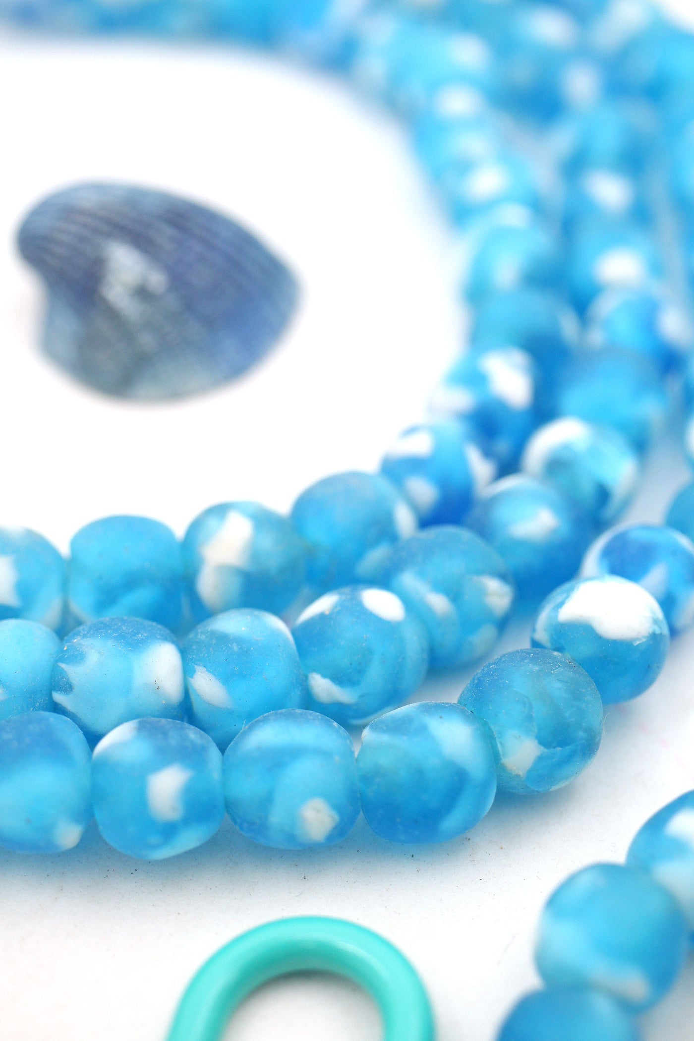 Turquoise, White Krobo Recycled African Glass Beads, 10-11mm, 58 beads for DIY beach jewelry