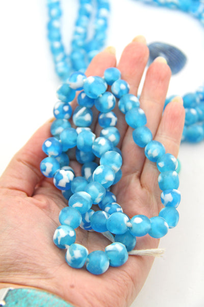 Turquoise, White Krobo Recycled African Glass Beads, 10-11mm, 58 beads