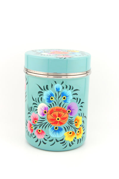Floral Handpainted Stainless Steel Cannister with Lid, from Kashmir