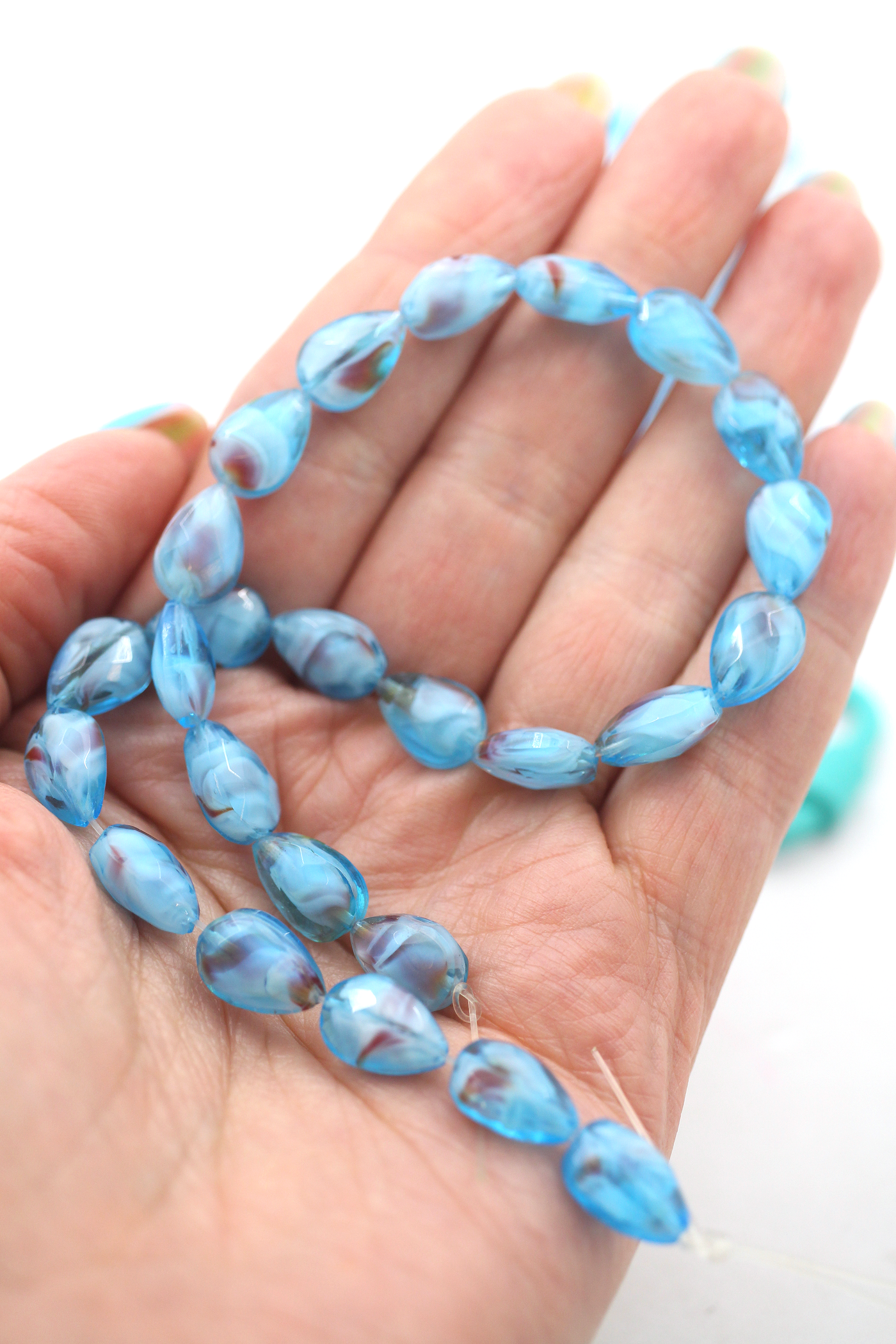 Turquoise Glass Beads, Faceted Teardrop , 11" Strand, 8x12mm
