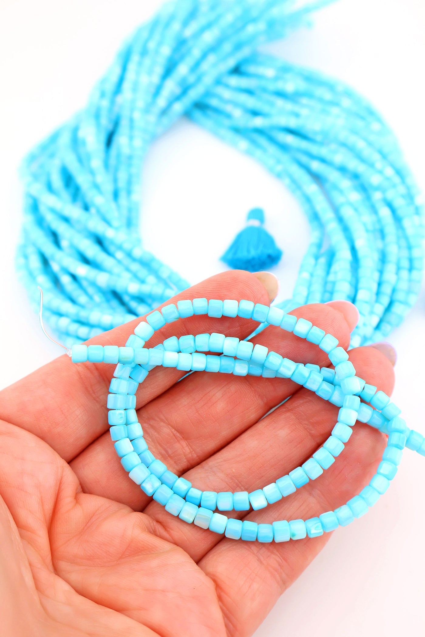 4mm Aqua Mother of Pearl Shell Tube Beads, 15.5" Strand, for Mermaidcore and DIY Bracelets 