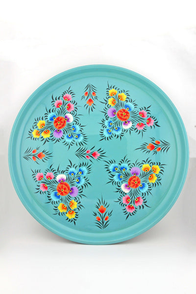 Floral Handpainted Stainless Steel Large Tray, Picnic Folk from Kashmir