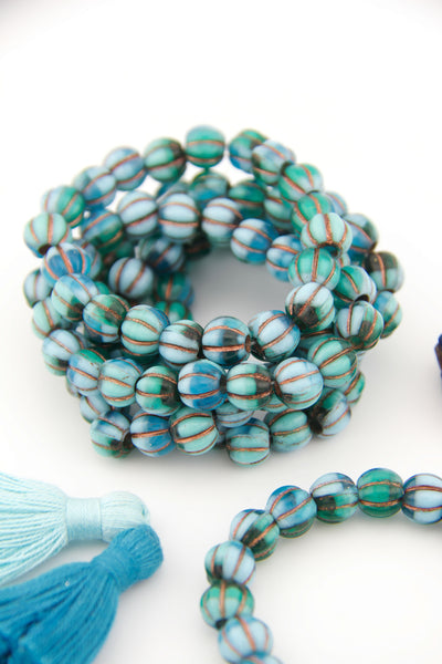 Turquoise & Teal Czech Glass Melon Beads, 8mm, with Bronze Wash