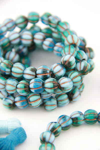 Turquoise & Teal Czech Glass Melon Beads, 8mm, with Bronze Wash