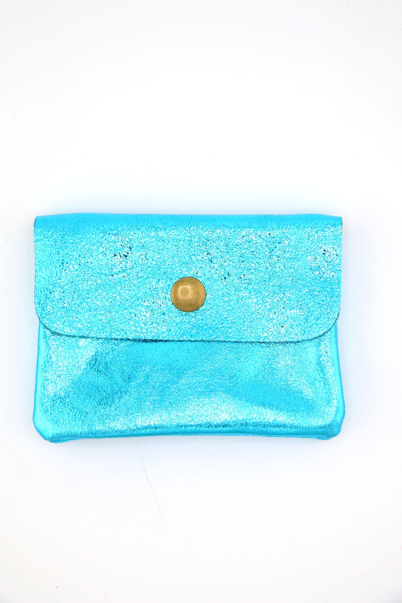 Tuquoise Metallic Italian Leather Coin Purse, 3 Compartments, Zipper Pocket. Real Italian Leather 