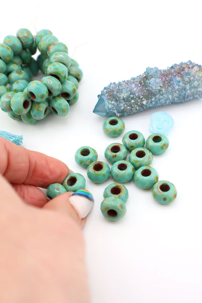 Turquoise Picasso Czech Glass Beads, 12x8mm, 5 Large Hole Faceted Euro Beads