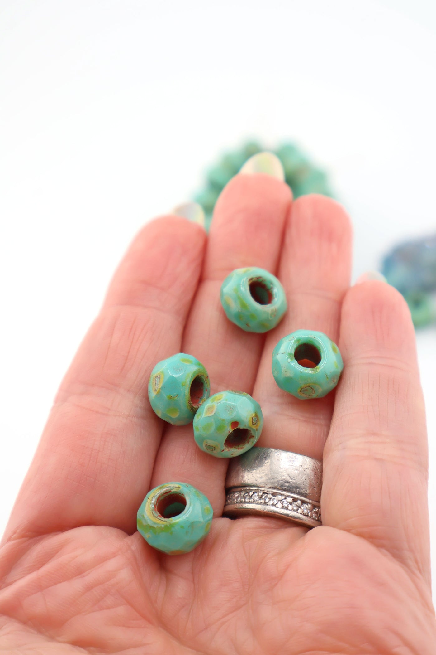 Turquoise Picasso Czech Glass Beads, 12x8mm, 5 Large Hole Faceted Euro Beads