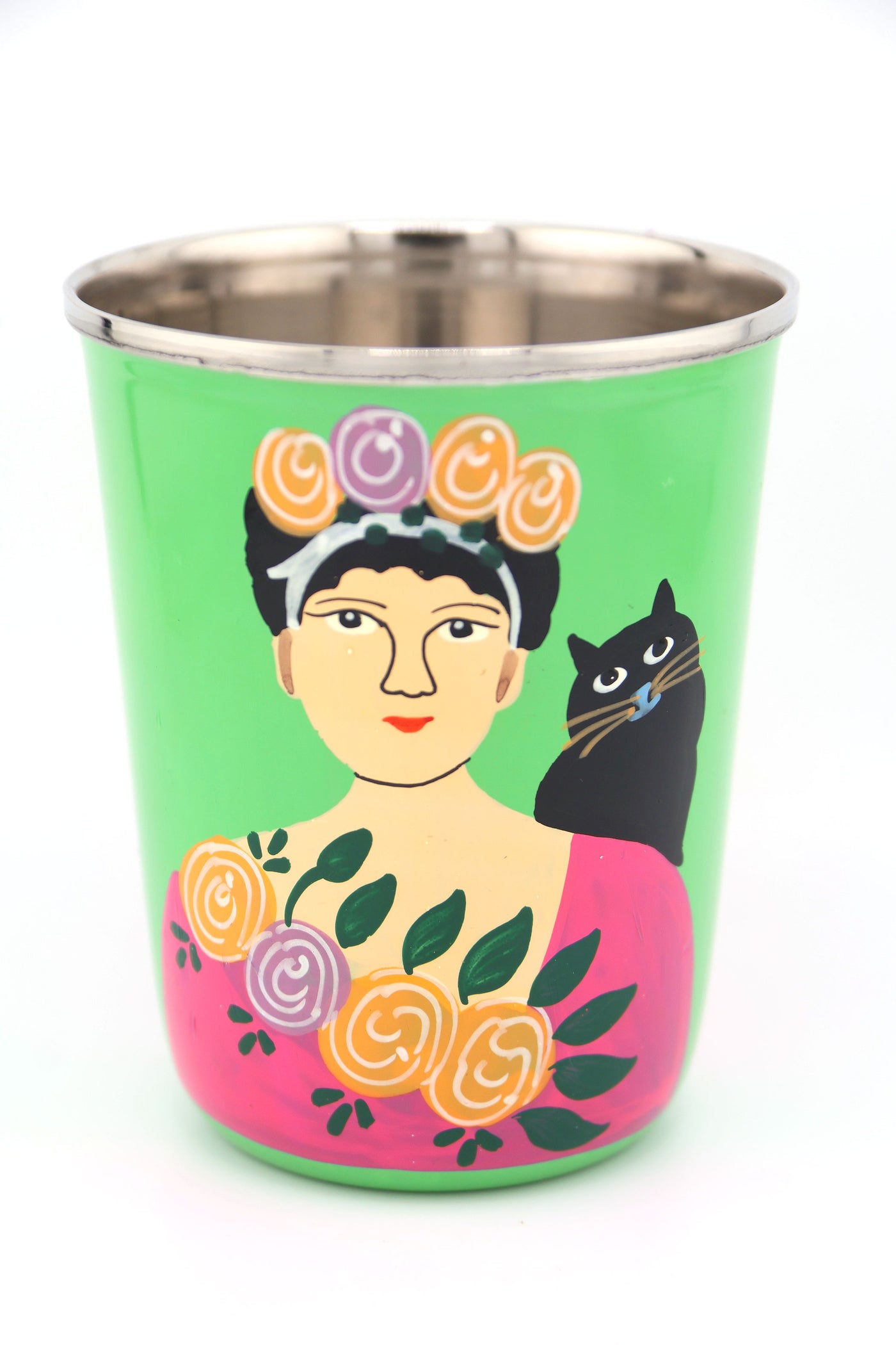 Sip in style with our picnic folk Small Enamel Tumbler, painted by hand by artisans in Kashmir