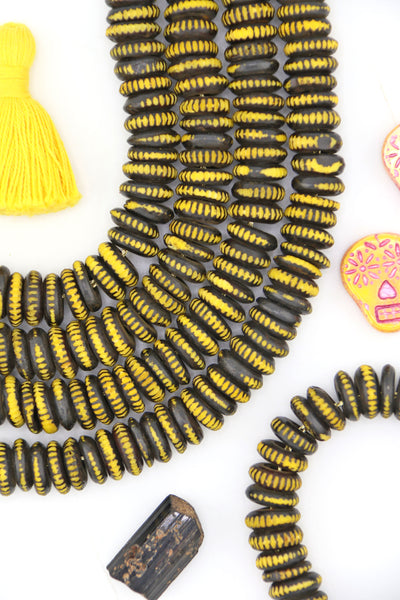 Black & Yellow Carved Rondelle Bone Beads, 10mm, for Halloween and Fall Crafts