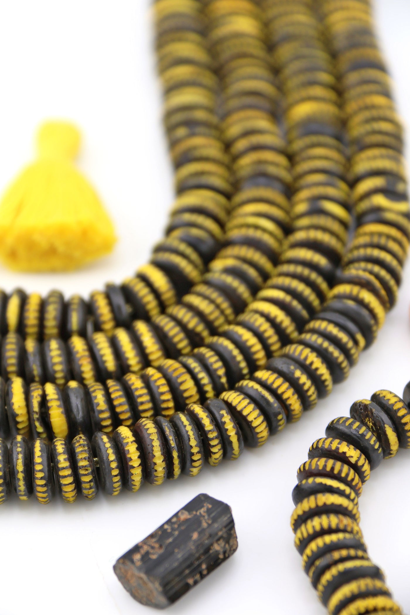 Black & Yellow Carved Rondelle Bone Beads, 10mm, for Halloween and Fall Crafts