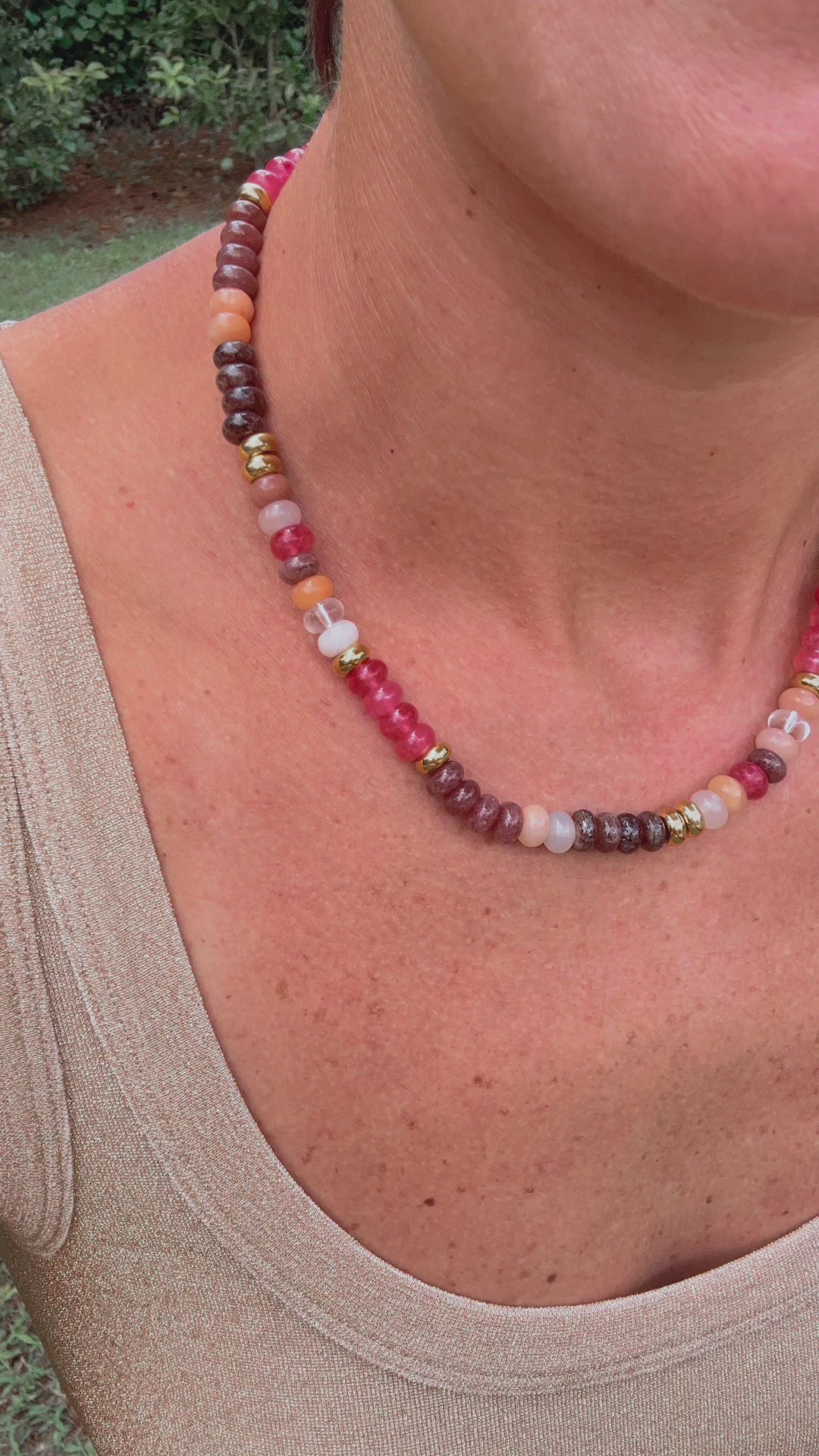 Rose: Warm Hues Gemstone Necklace: Pink, Brown, Gold Colorblock, Adjustable