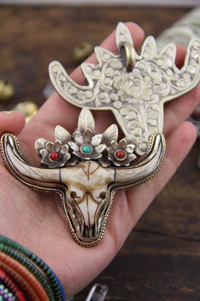 Boho Bull Cow Skull With Floral Feather Crown Pendant, 3.5", 1 piece - ShopWomanShopsWorld.com. Bone Beads, Tassels, Pom Poms, African Beads.