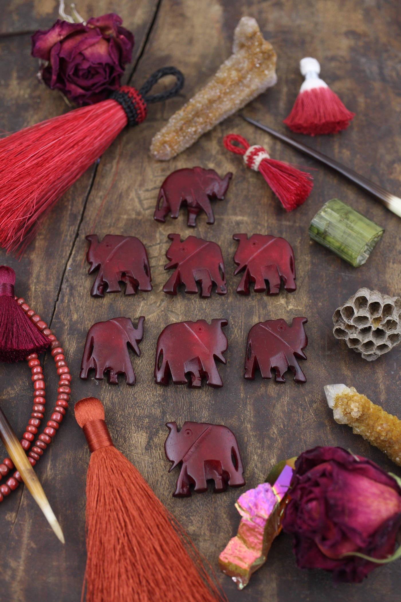 Herd of Burgundy Elephants : Hand Carved Bone Totem Focal Beads, 26x38mm,  8 pcs