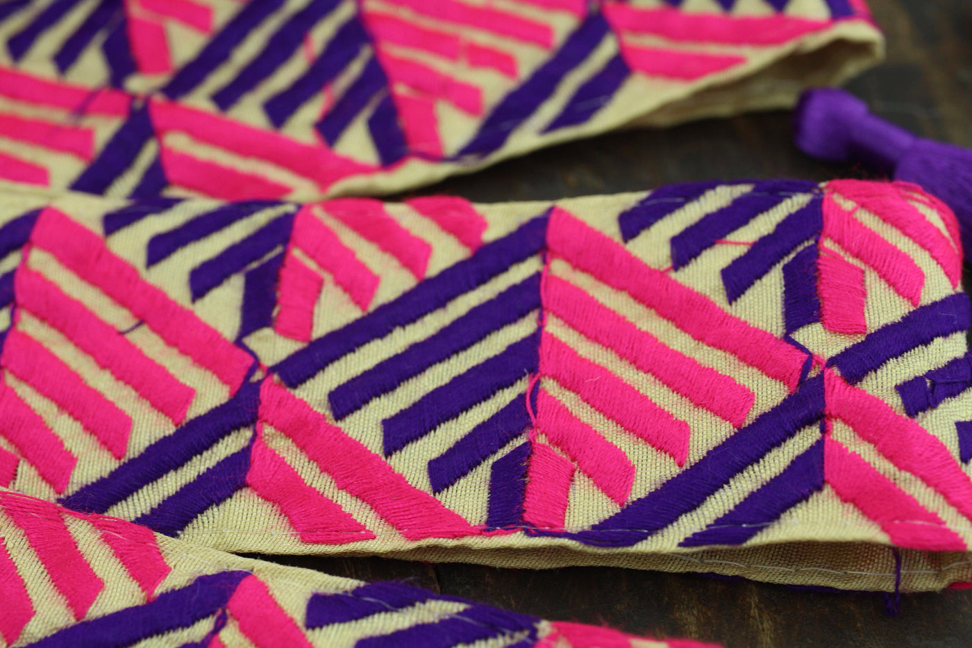 Jammin' Geo: Tan, Pink, Purple Silk  Embroidered Trim,  1 7/8"x1 Yard
