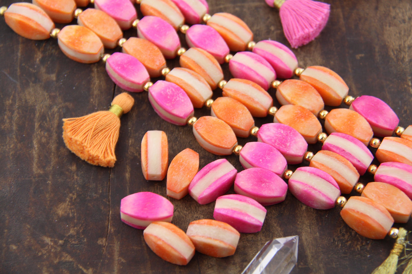 Bone Beads: Bright Pink, Orange, Cream, Layered, 11x21mm