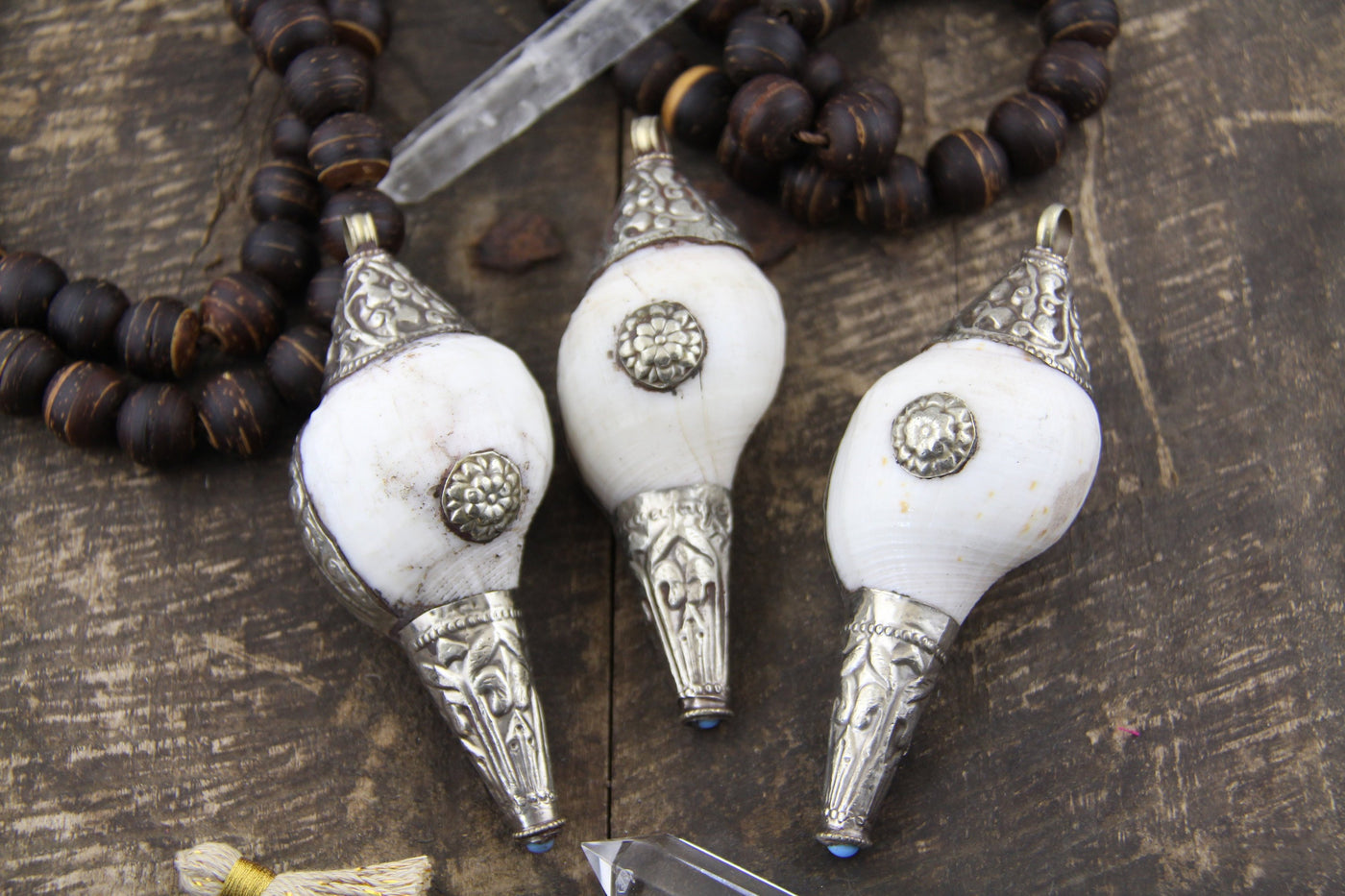 Conch Shell Pendant, Handmade by Nepali Artisans, 4" Focal Charm, Prayer & Jewelry Making Supplies