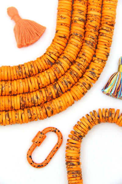 12mm Heishi Orange Speckled Bone Beads: Disc Spacers, 85 beads
