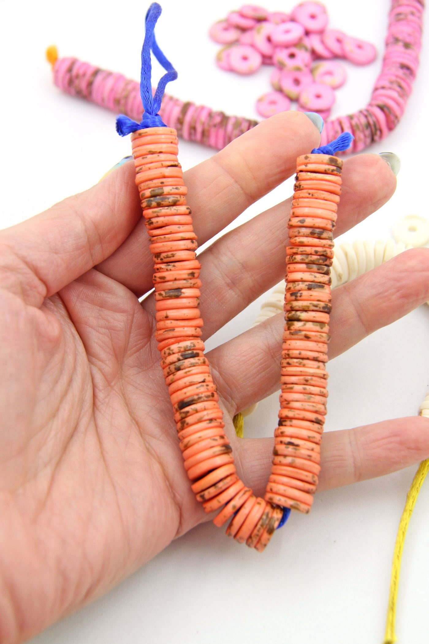 Warm Glow Bone Beads: Speckled Heishi Spacers, Pink, Orange, White, 12x2mm