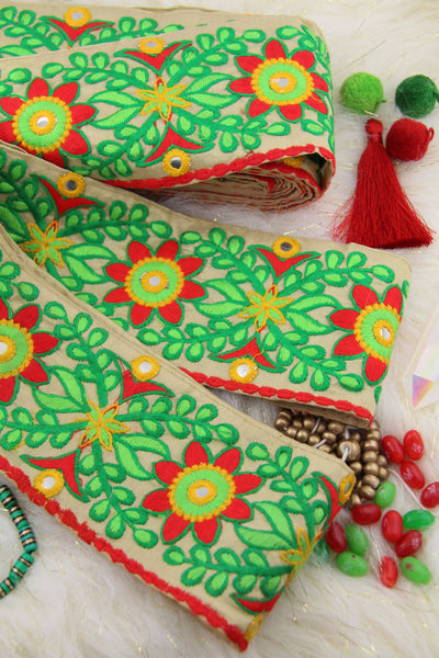 Holiday Passion Flower : Floral Red, Green, Silk Trim, Ribbon 3.75"x1 Yard, Craft, Sewing Supply