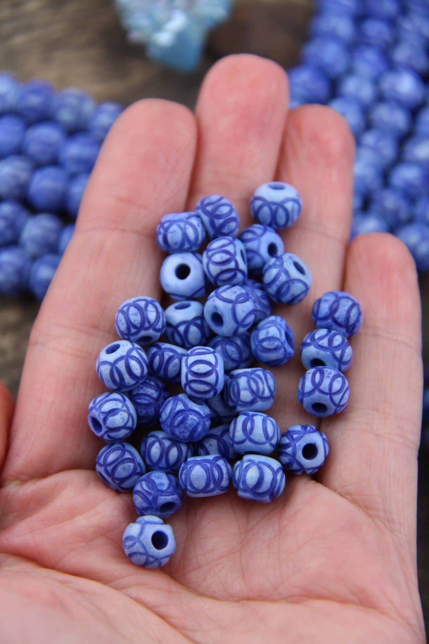 Blue Handmade Carved Rondelle Bone Beads, 8x7mm Jewelry Making Supplies, Round Mala Spacers