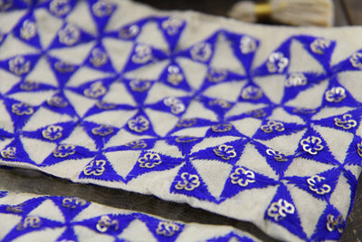 Embroidered Silk Trim: Blue, Cream Geometric Sequined Ribbon, 3.75"