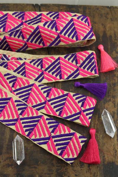 Jammin' Geo: Tan, Pink, Purple Silk  Embroidered Trim,  1 7/8"x1 Yard