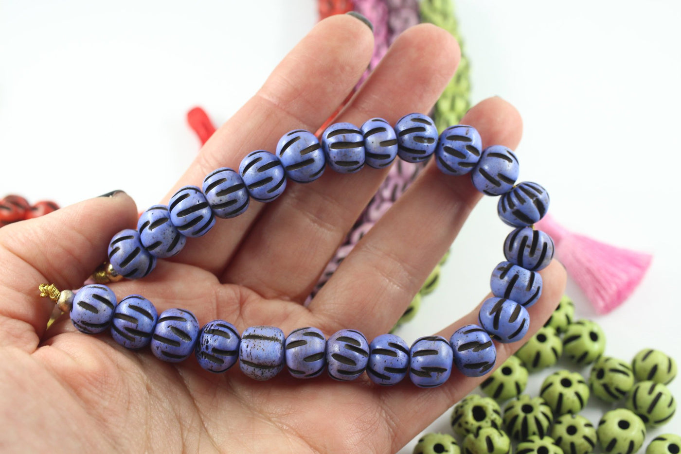 Hand Carved Melon Bone Beads, Bohemian Jewelry Making Supplies, Blue, Green Spacers from India