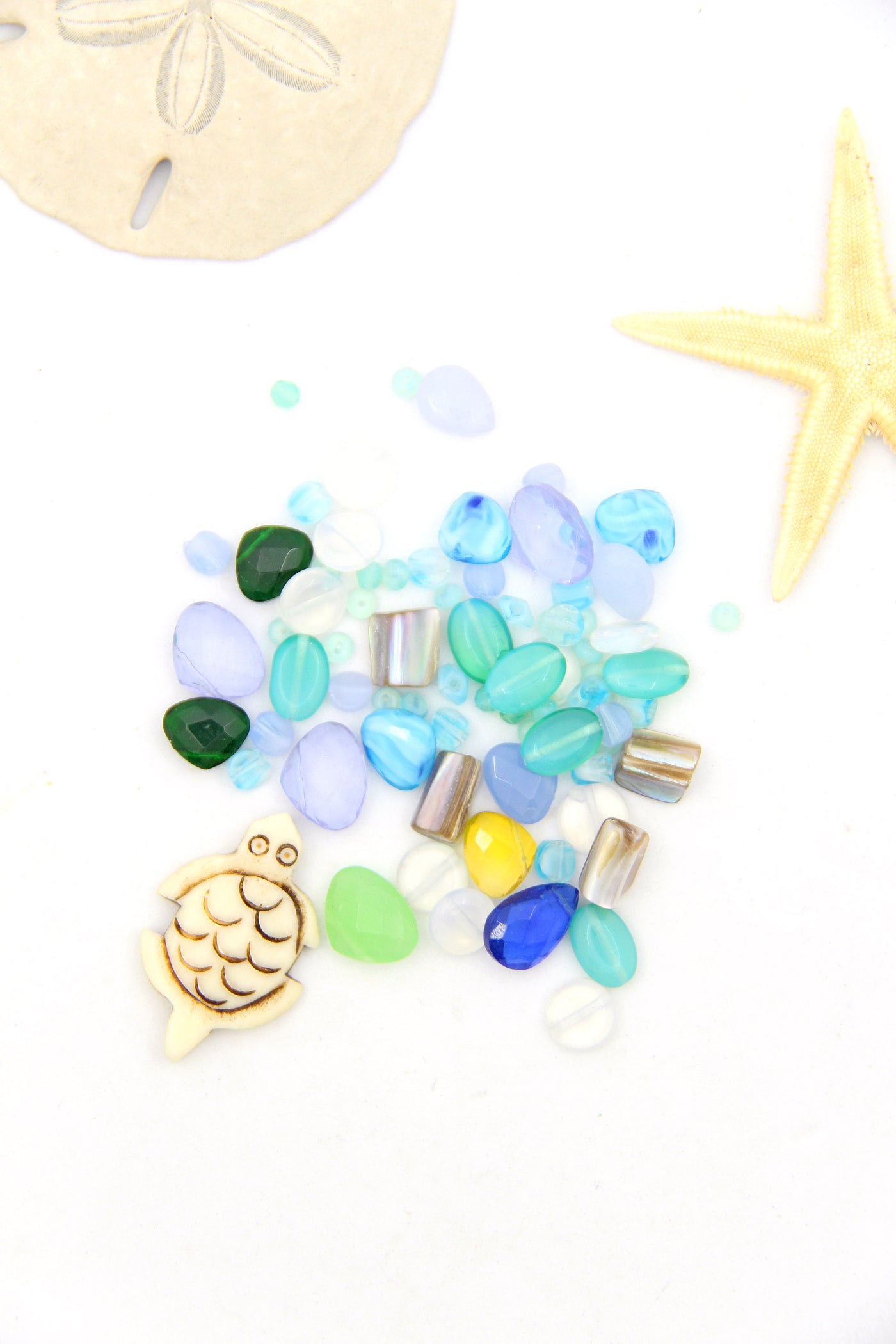Surfside Glass Bead Grab Bag, Faceted Glass, Opalite, Bead Soup, 50+ Beads, Turtle Charm