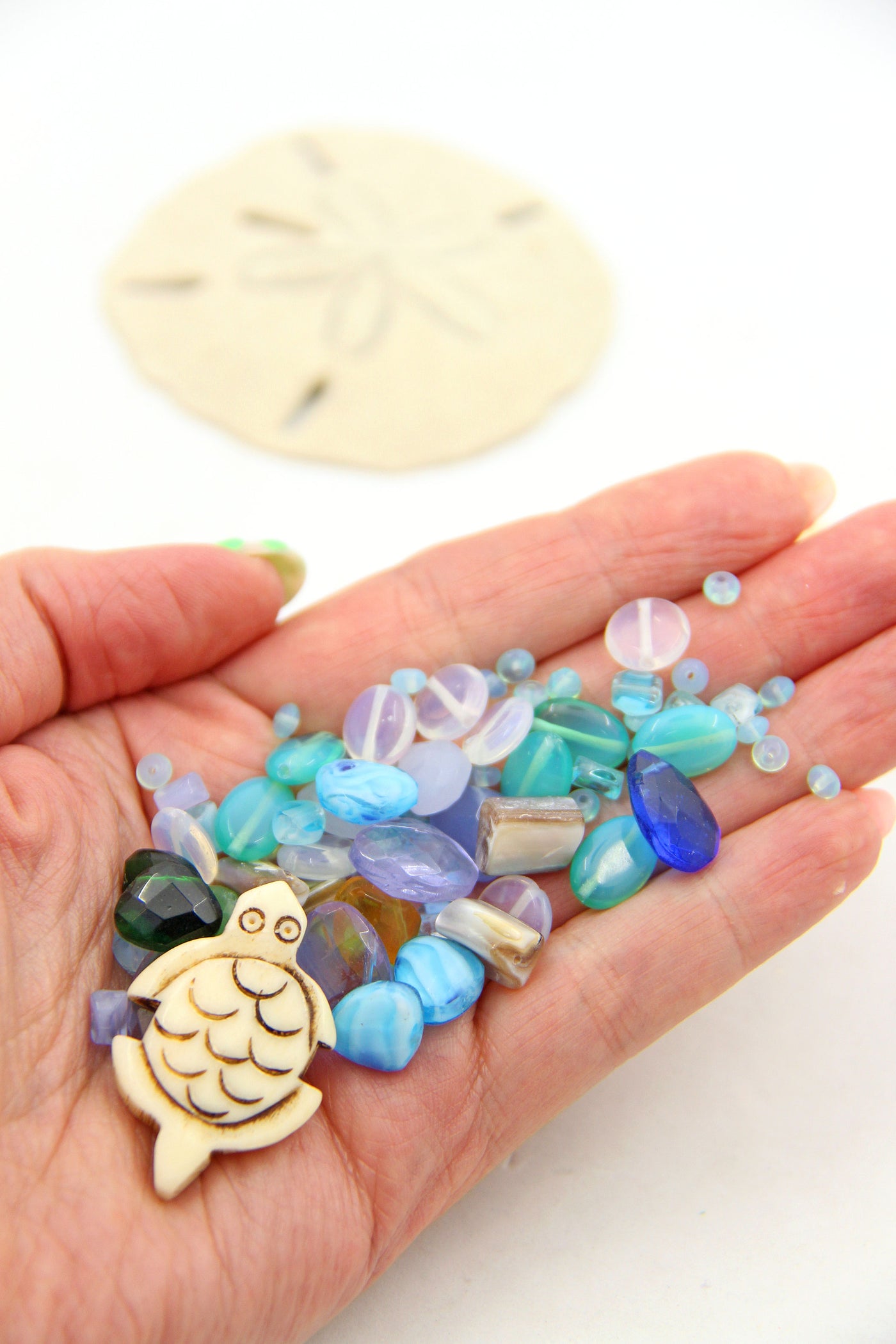 Surfside Glass Bead Grab Bag, Faceted Glass, Opalite, Bead Soup, 50+ Beads, Turtle Charm