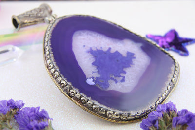 Purple Agate Druzy Slice with Silver Bail, Large Boho Focal Pendant 4.5"