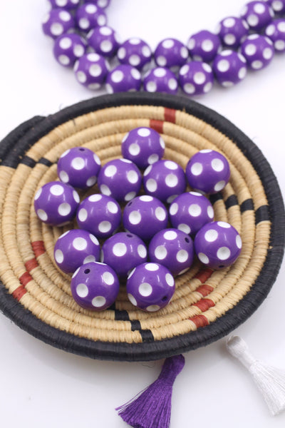 Carved Vintage Lucite Round Beads, Purple/White Polka Dots, 20mm