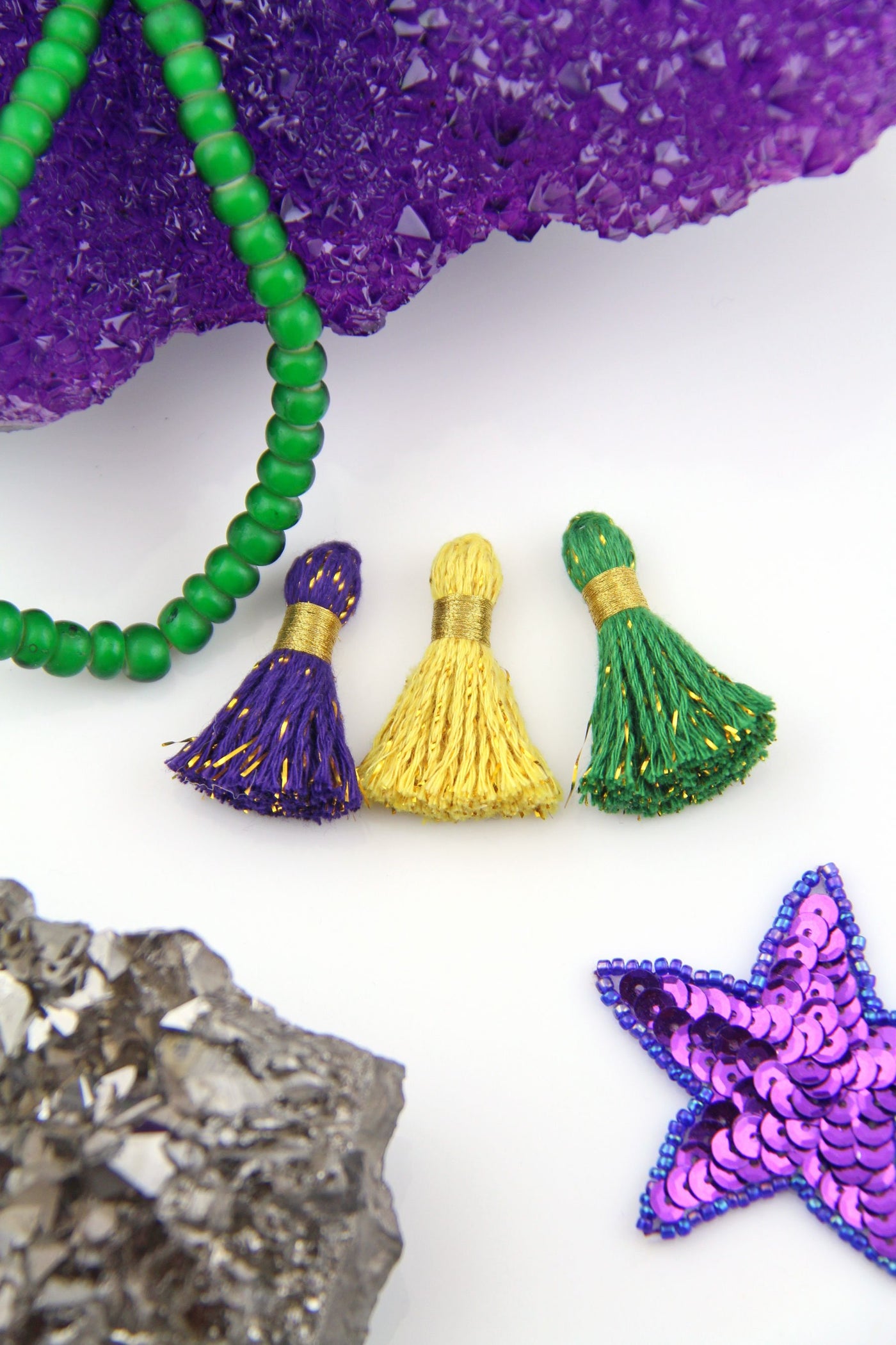 Mardi Gras: Cotton & Sparkly Tinsel Tassels, 1.25" Fringe Pendant Charms, Jewelry Making Supplies