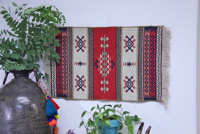 Small Turkish Area Rug, Hand Woven Kilim, Red and Blue, 2 x 3 - ShopWomanShopsWorld.com. Bone Beads, Tassels, Pom Poms, African Beads.