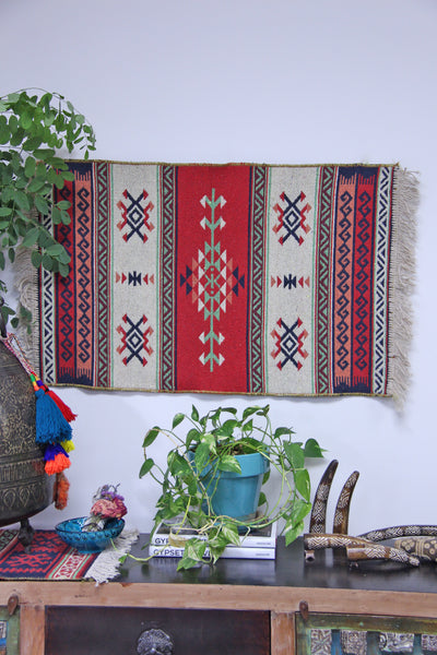 Small Turkish Area Rug, Hand Woven Kilim, Red and Blue, 2 x 3 - ShopWomanShopsWorld.com. Bone Beads, Tassels, Pom Poms, African Beads.