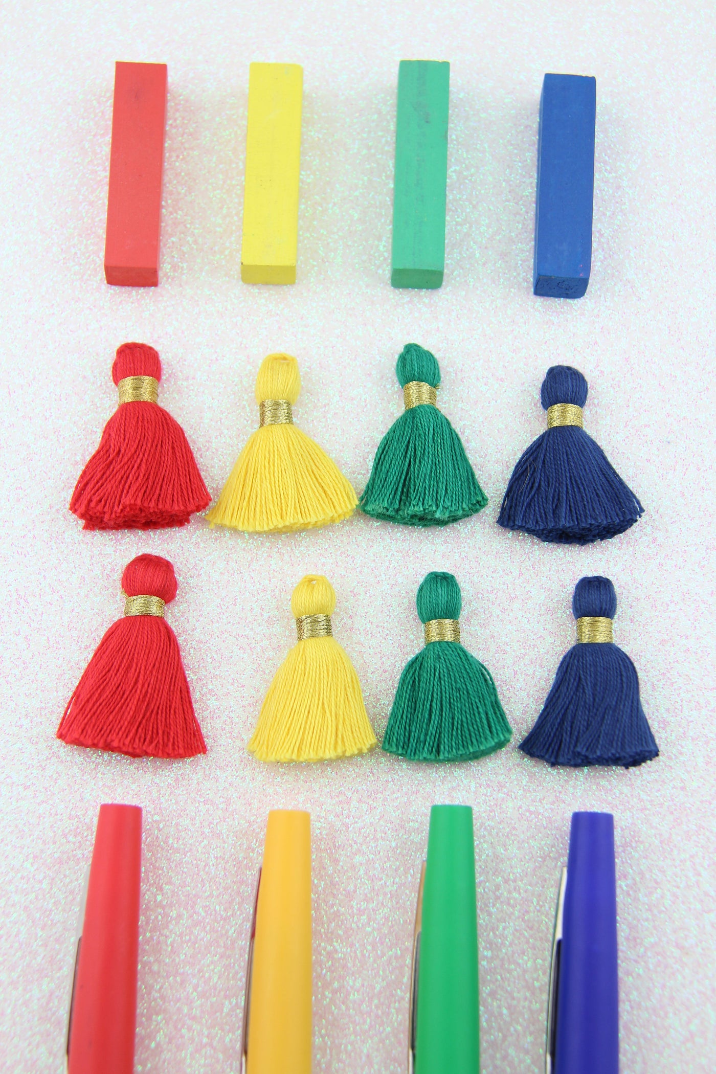 Primary Colors Mix Mini Tassels with Gold Binding, Jewelry Making, 1.25", 8 pcs