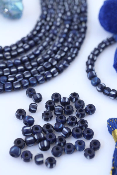 Indigo Striped Rondelle: Blue & White Bone Beads, 6x5mm, 40 pcs, Mala Spacers, Jewelry Making Supply