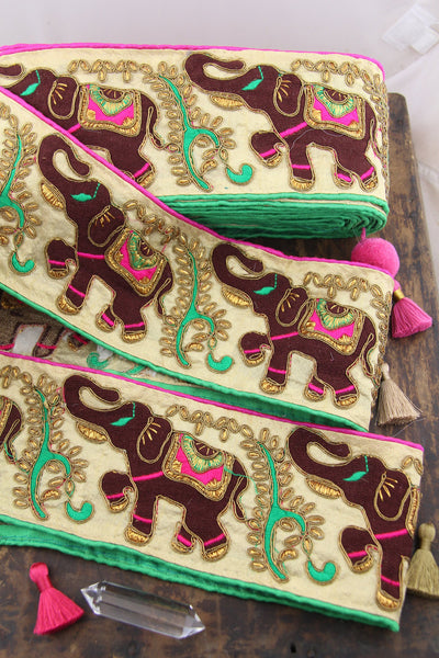Neon Elephant Parade: Pink, Green, Tan Silk Ribbon, Sari Border, 3.5" Sewing Supplies