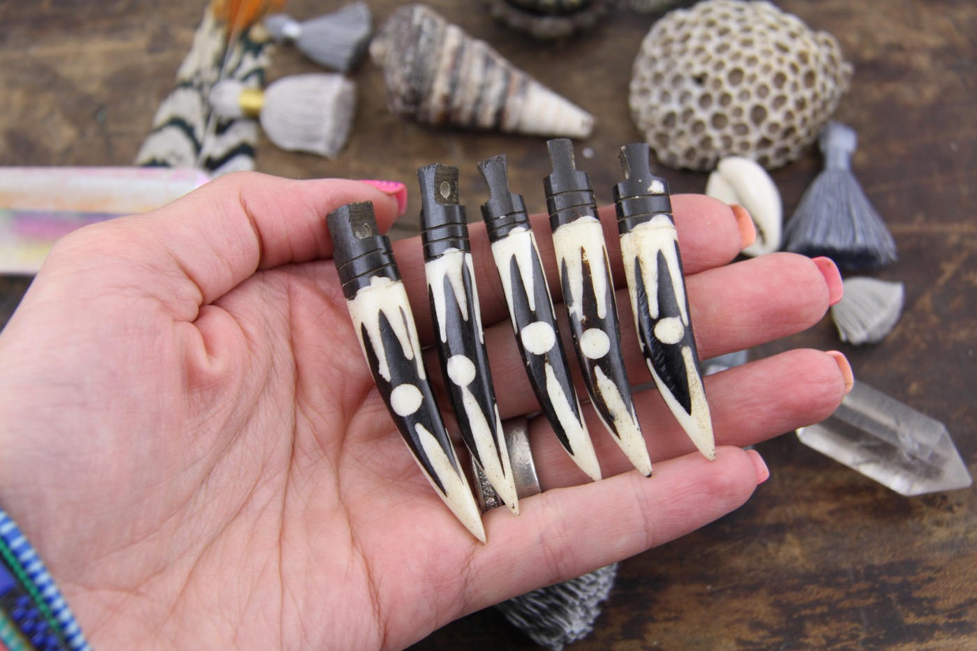 Chevron Dot African Batik Bone Dagger Tusk Pendant, 10x72mm