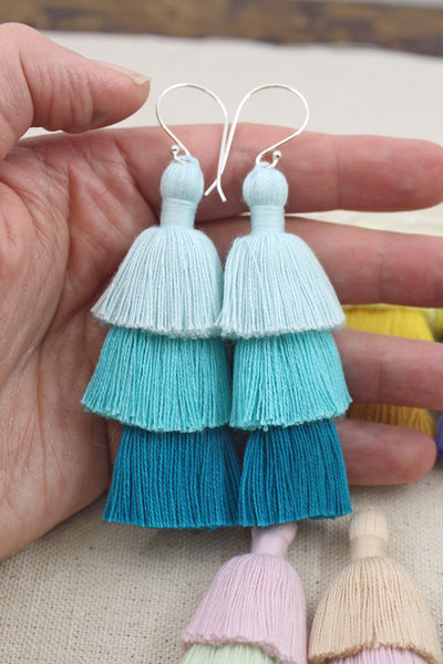 Layered Blue Tassel Earrings