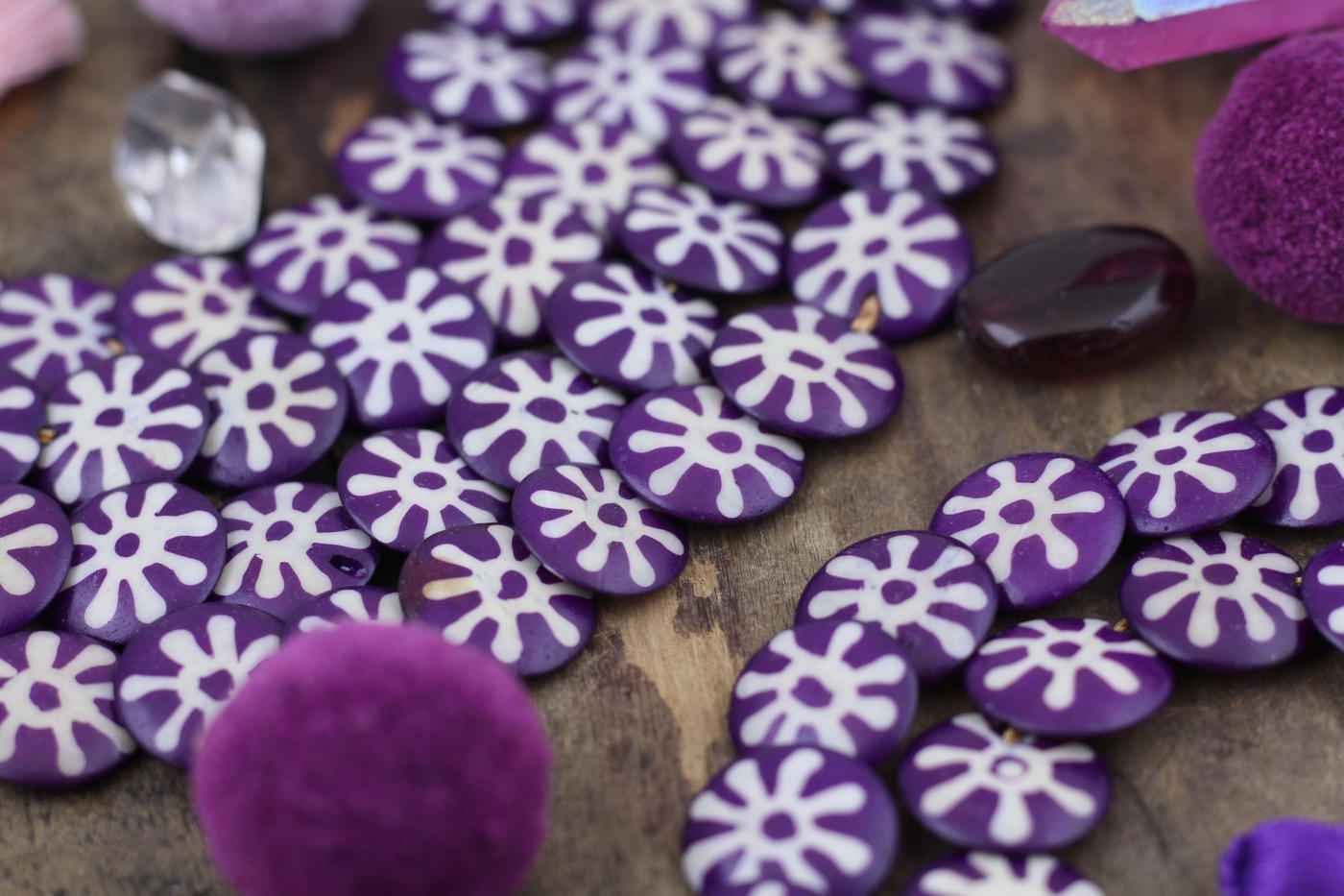 Cascading Sunburst Coin: Purple & White Painted Step Bone Beads, 16mm Charms