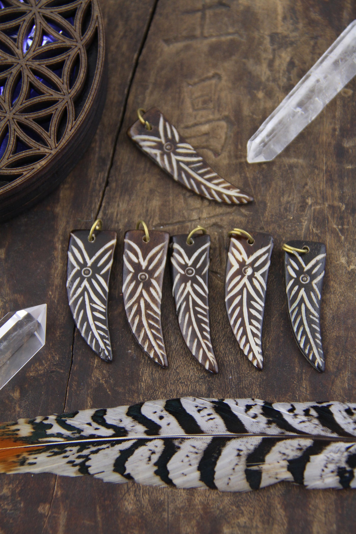 Tribal Flower Dagger Pendant: 2" Brown/ White Bohemian Jewelry Making Supplies, Handmade Beads