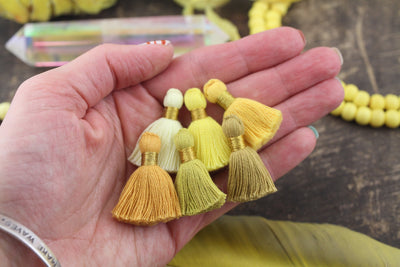 Gen Z Yellow Tassel Mix: Mini Cotton Tassels with Gold Binding, 6 pieces Fringed Charm Pendants