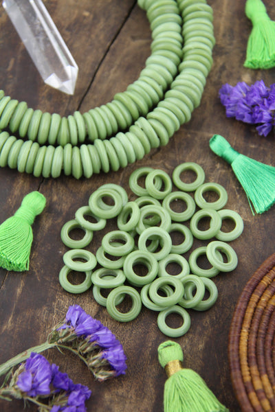 Dutch Donut Beads: Pistachio Green Large Hole African Glass, 11-12mm