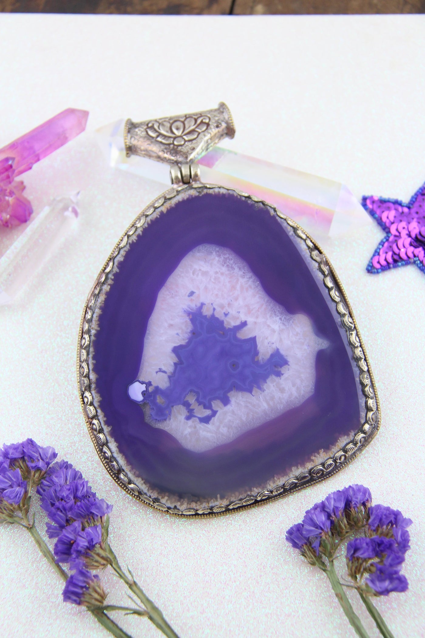 Purple Agate Druzy Slice with Silver Bail, Large Boho Focal Pendant 4.5"