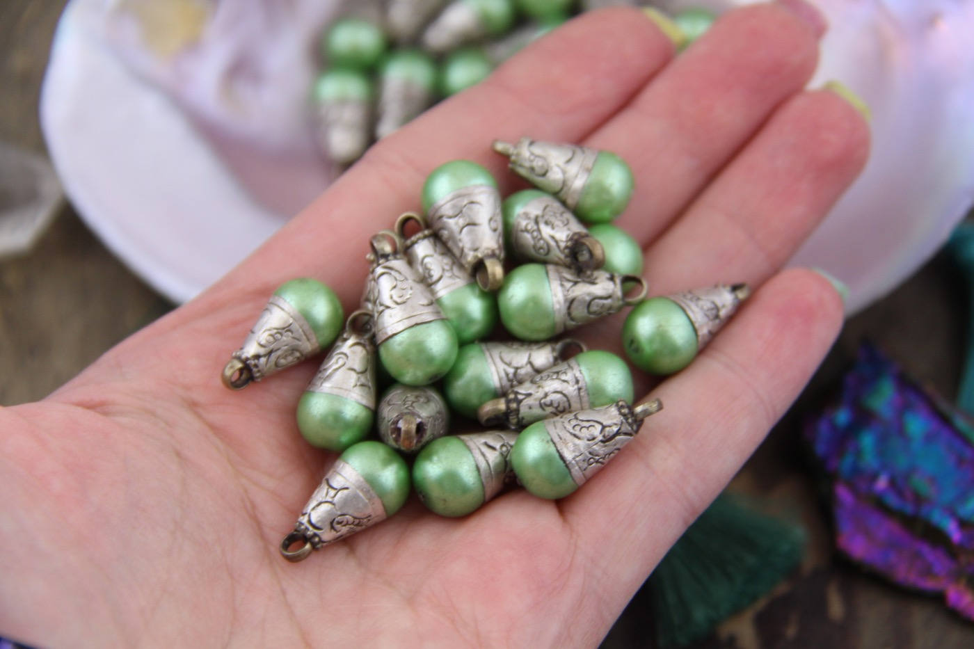 Lime Green Pearl & Nepali White Brass Pendant, 10x18mm