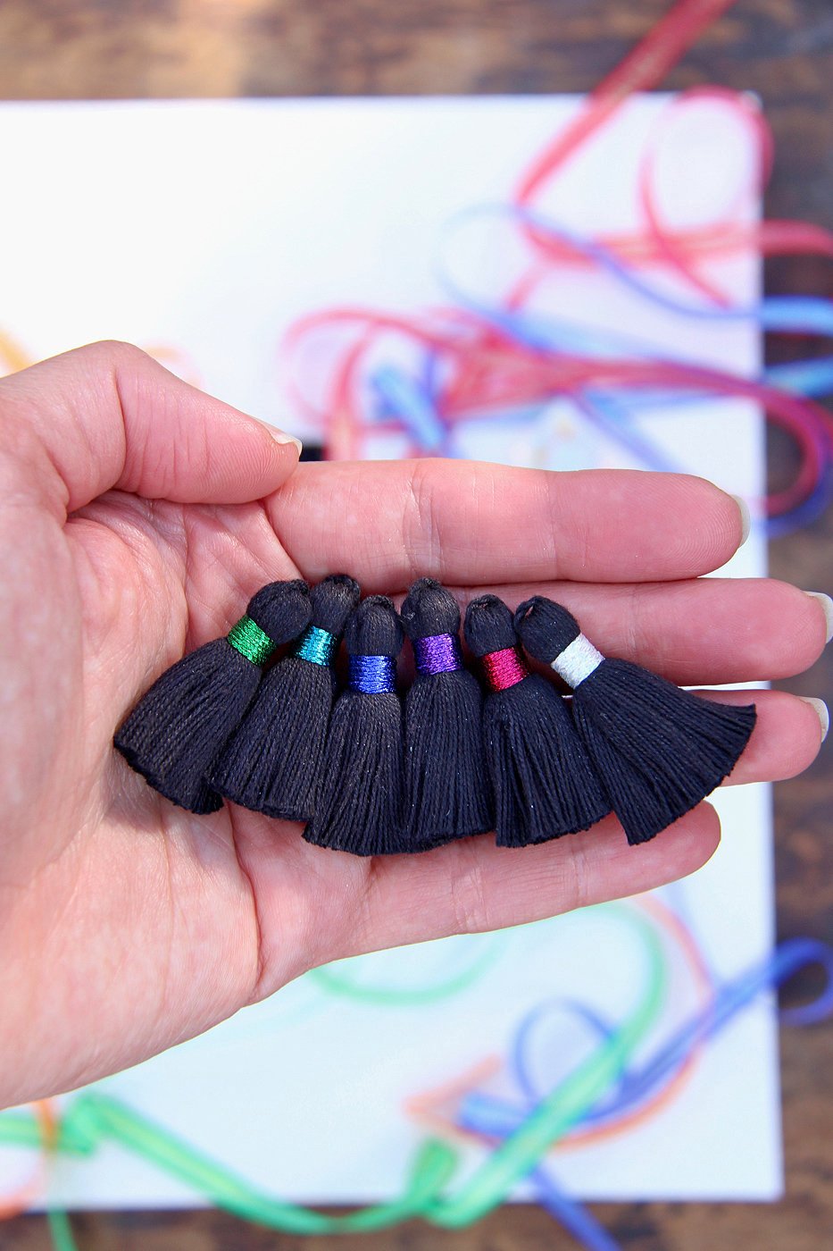 Mini Black Cotton Tassels, Metallic Binding, 1.25" DIY Jewelry Making Supplies, Boho Fringe Pendant