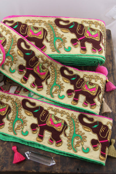 Neon Elephant Parade: Pink, Green, Tan Silk Ribbon, Sari Border, 3.5"