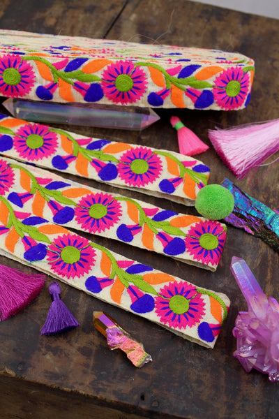 Neon Garden Blossom: Bright Floral Embroidered Silk Trim, Ribbon, Sari Border, 1.5"x1 Yard