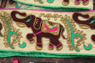 Neon Elephant Parade: Pink, Green, Tan Silk Ribbon, Sari Border, 3.5" Sewing Supplies from India