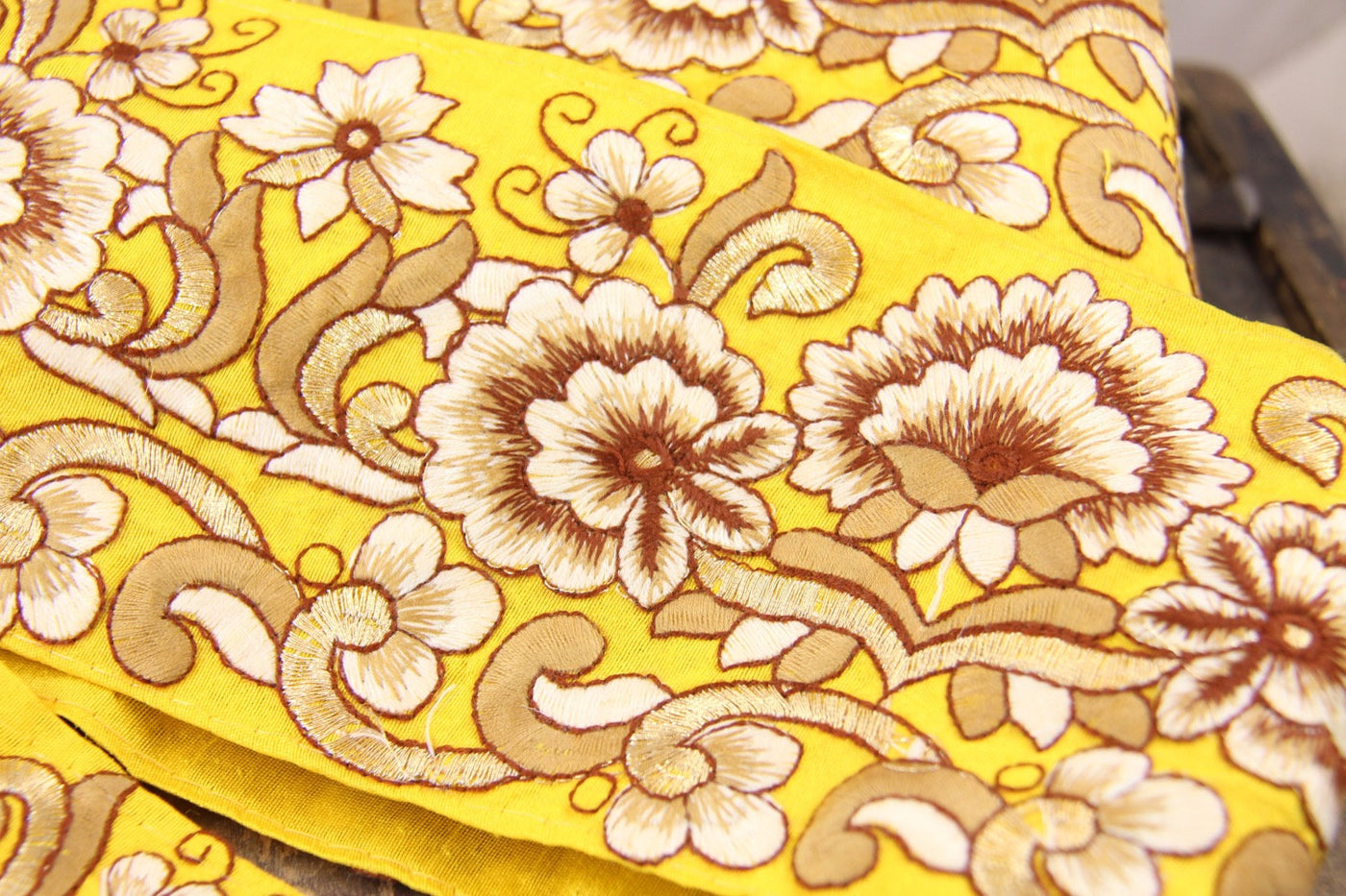 Yellow and Gold Silk Trim, Sari Border from India, 4" Ribbon, Gen Z Yellow Craft & Sewing Supplies